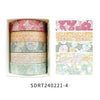 A set of five rolls of floral patterned washi tape in various colors and designs for crafting.