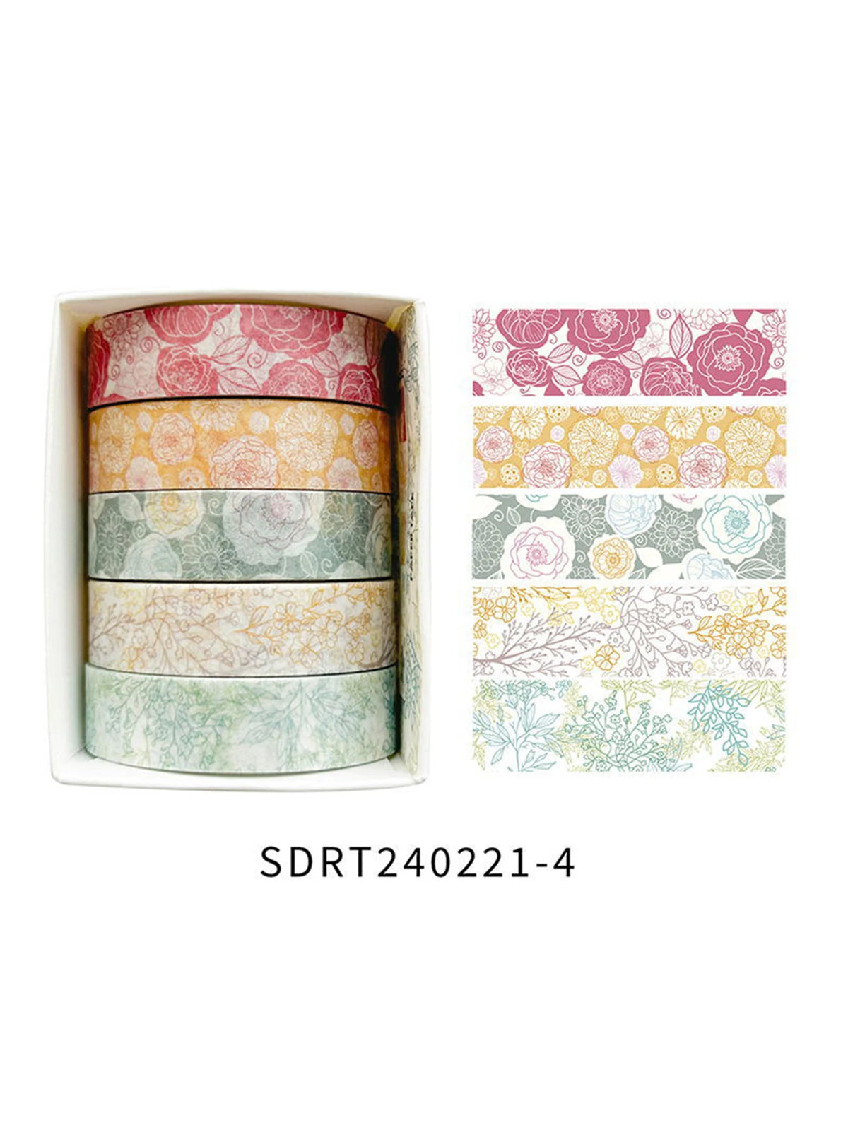 A set of five rolls of floral patterned washi tape in various colors and designs for crafting.