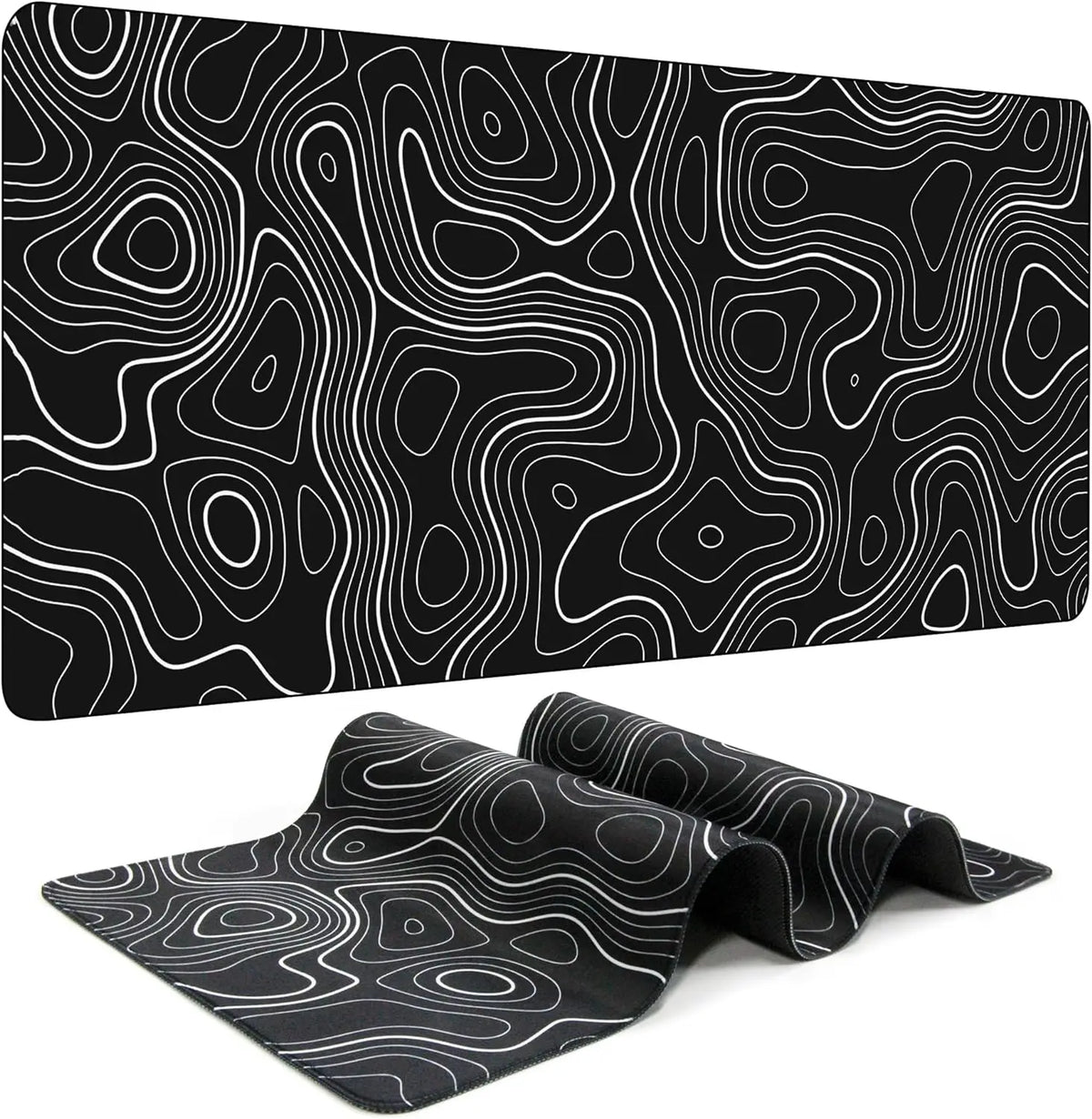 A black rubber mouse pad featuring white contour lines for gaming and desk use.