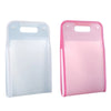 A pink and blue 13-pocket accordion file organizer with a clear plastic cover.