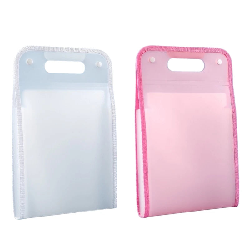 A pink and blue 13-pocket accordion file organizer with a clear plastic cover.