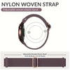 A close-up view of a brown nylon woven elastic watch strap, showing its texture and adjustable features.
