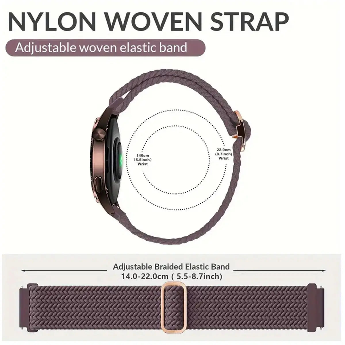 A close-up view of a brown nylon woven elastic watch strap, showing its texture and adjustable features.