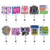 A collection of acrylic nurse ID badge holders featuring various phrases and designs.