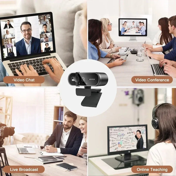 A collage showing various uses of a 4K Autofocus Webcam with Built-in Microphone for video chat, conference, broadcasting, an