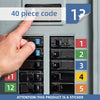 A hand points to a set of circuit breaker labels and a stack of numbered stickers on an electrical panel.