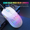 White optical wired gaming mouse with colorful luminous lighting resting on a dark surface.