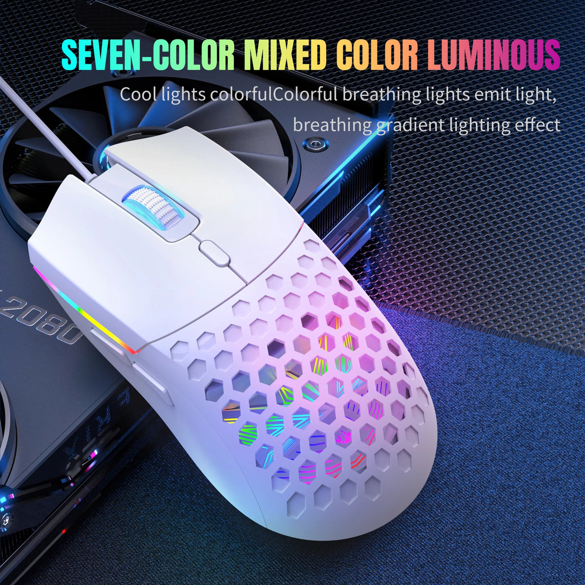 White optical wired gaming mouse with colorful luminous lighting resting on a dark surface.
