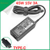 Schwarzer 45W 15V 3A USB-C Netzadapter mit Kabel und Type-C-Stecker.