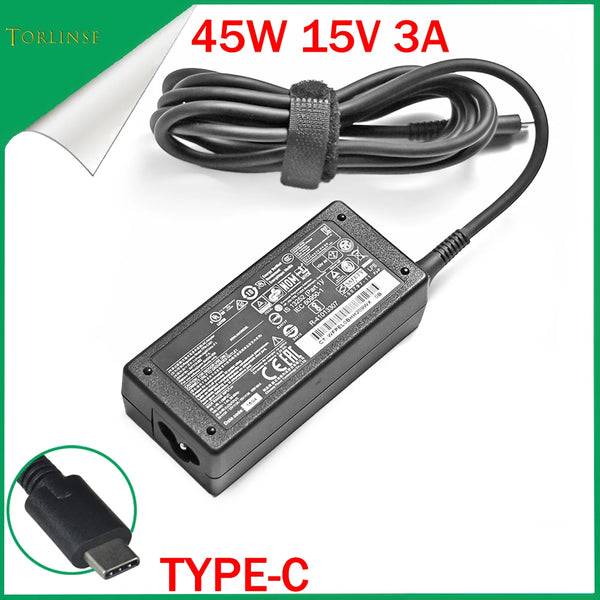 Adaptateur secteur USB-C 45W 15V 3A avec câble et connecteur Type-C.