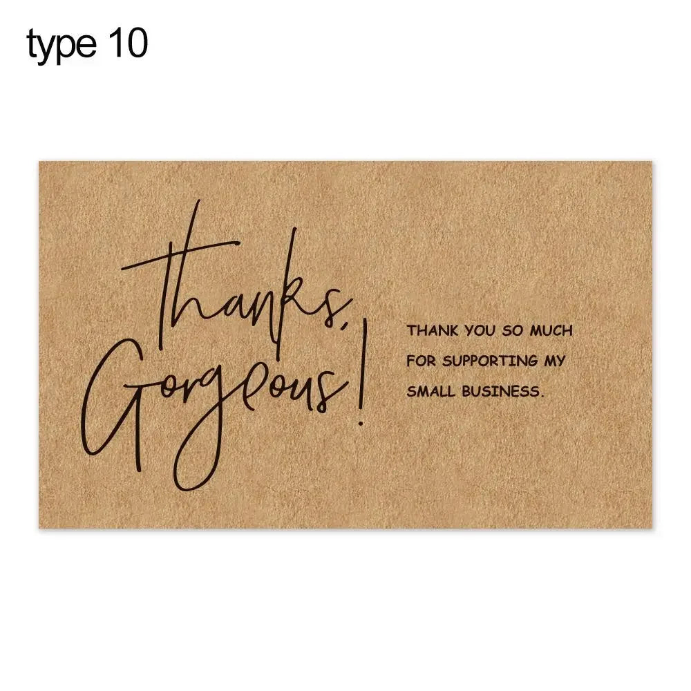 A brown kraft paper tag with handwritten black text that reads Thanks Gorgeous thank you so much for supporting my small busi
