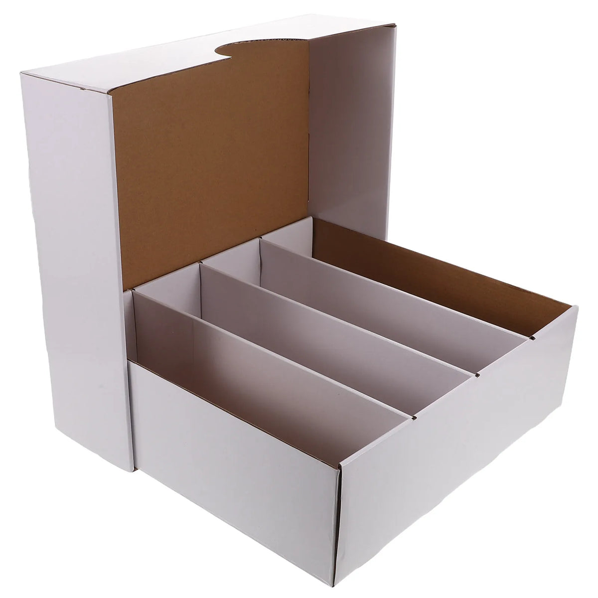 Caja de cartón blanca con tapa abierta, diseñada para almacenar varias cartas coleccionables.