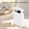 A white portable power bank with a clear LCD display is shown next to a window view.