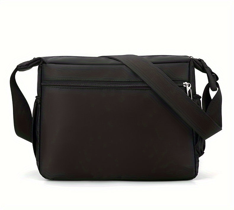 A black women's multifunctional crossbody bag with a shoulder strap is shown against a white background.