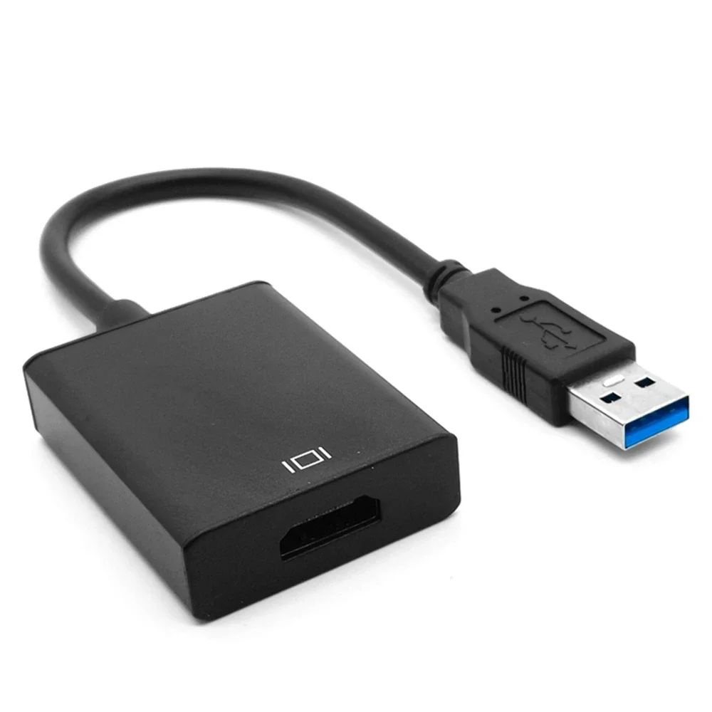 Black USB 3.0 to HDMI adapter cable with a square connector and an HDMI plug.