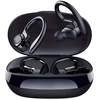 A black wireless Bluetooth earbud set with a charging case, showing the earbuds and the included microphone.