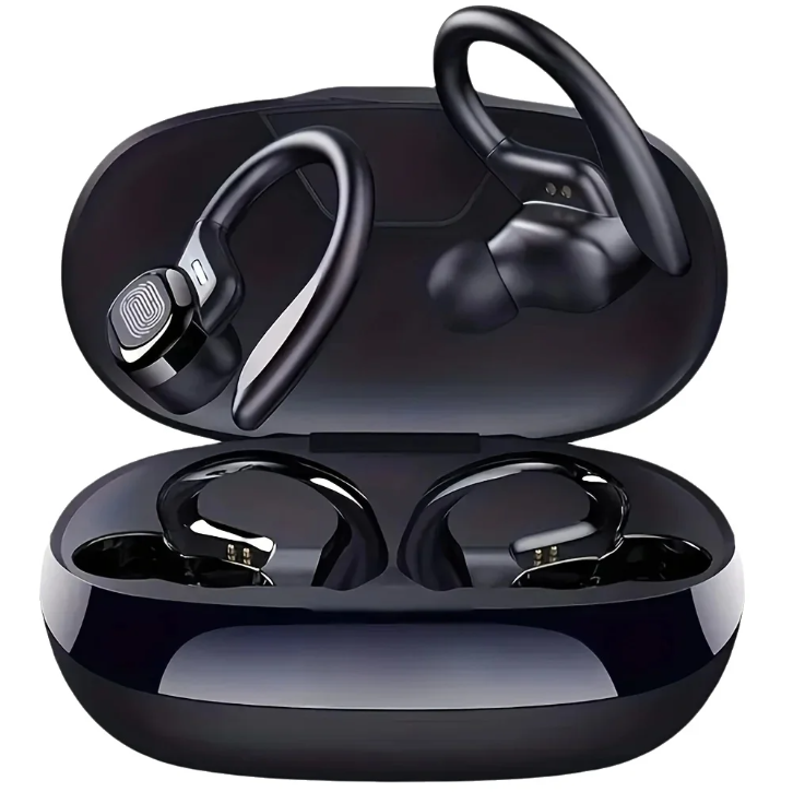 A black wireless Bluetooth earbud set with a charging case, showing the earbuds and the included microphone.