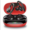 A red charging case open to reveal a pair of black wireless Bluetooth earbuds with microphones.