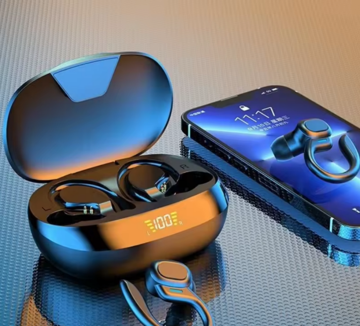 A pair of Apple AirPods Pro in a gold finish are shown with their charging case open on a reflective surface.
