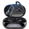 A black wireless Bluetooth earbud case open showing a pair of black earbuds inside and a digital display.