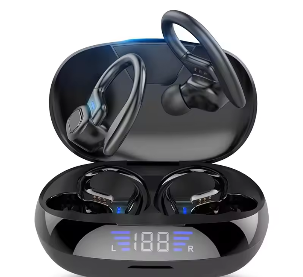 A black wireless Bluetooth earbud case open showing a pair of black earbuds inside and a digital display.