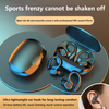 A pair of blue wireless Bluetooth earbuds with hooks are shown open on a dark surface, highlighting their design and features