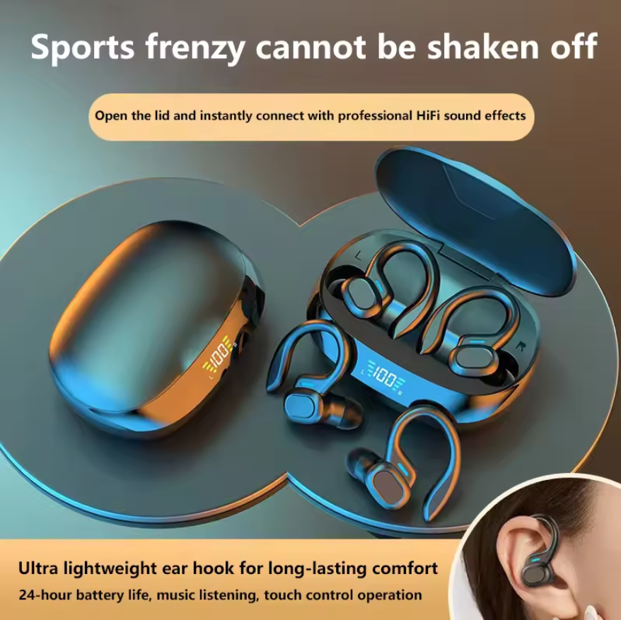 A pair of blue wireless Bluetooth earbuds with hooks are shown open on a dark surface, highlighting their design and features