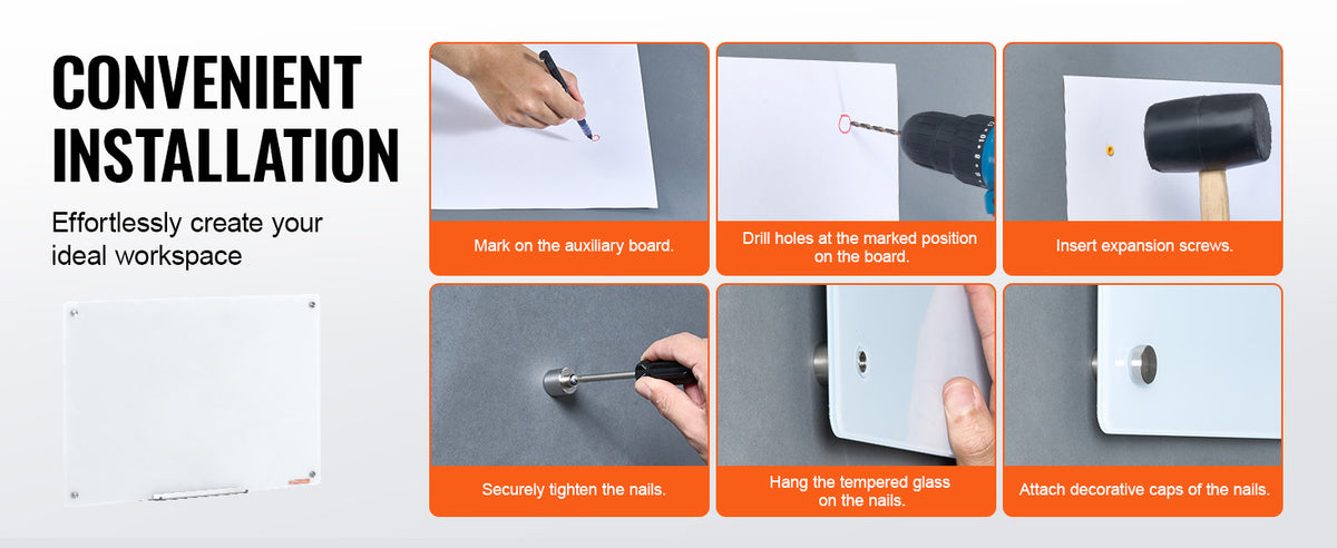 Demonstration of convenient installation steps for a magnetic tempered glass whiteboard, including marking, drilling, and sec
