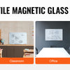 Versatile magnetic glass board shown in various contexts including a study room, classroom, office, and lecture setting.