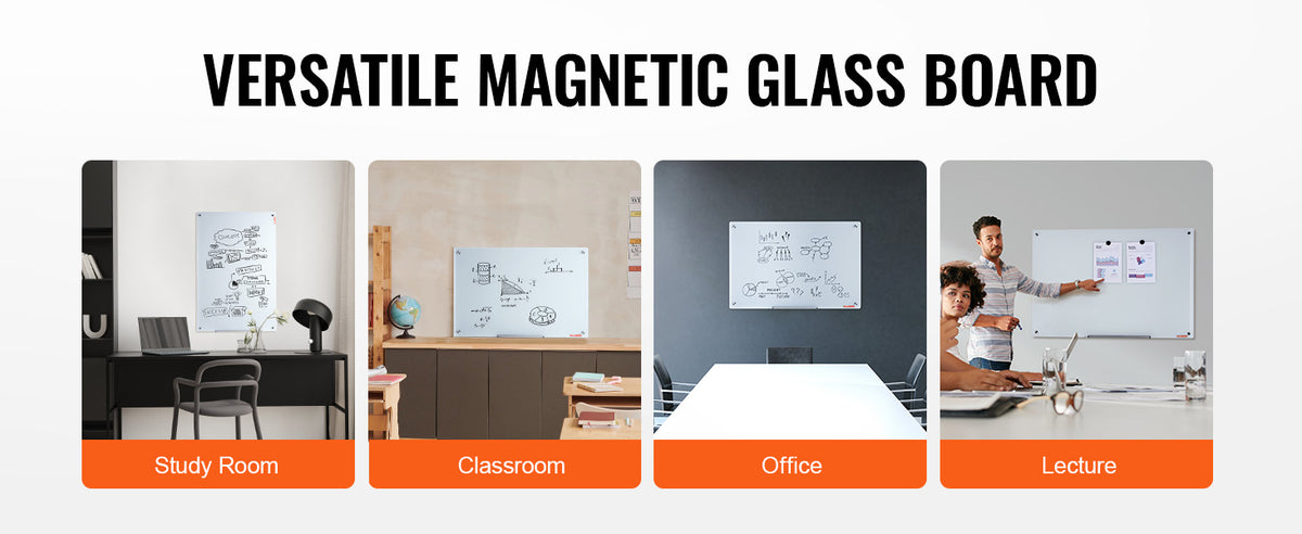 Versatile magnetic glass board shown in various contexts including a study room, classroom, office, and lecture setting.