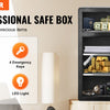 A black professional safe box is shown with various security features like a digital lock pad, emergency keys, dual alarm sys