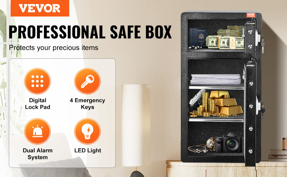 A black professional safe box is shown with various security features like a digital lock pad, emergency keys, dual alarm sys