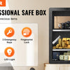 A black professional safe box with a glass door, showing various security features like a digital lock pad, emergency keys, f