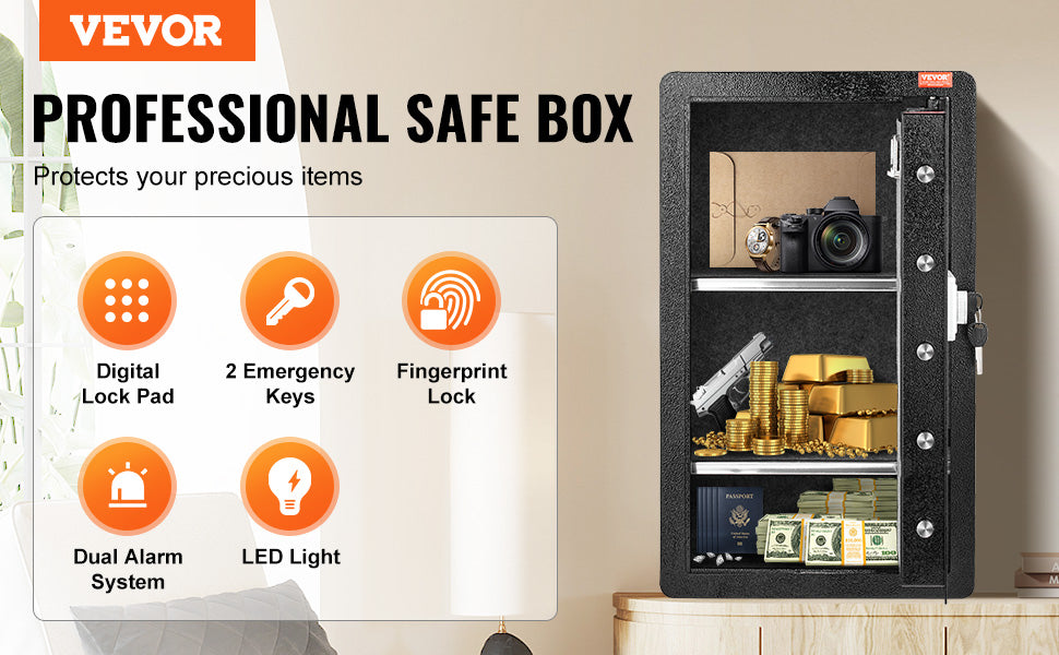 A black professional safe box with a glass door, showing various security features like a digital lock pad, emergency keys, f