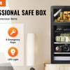 A black professional safe box with multiple access features including a lock pad, emergency keys, alarm system, and LED light
