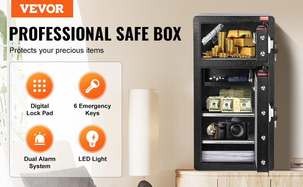 A black professional safe box with multiple access features including a lock pad, emergency keys, alarm system, and LED light