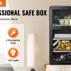 A black professional safe box is shown with various security features like a digital lock pad, emergency keys, dual alarm sys