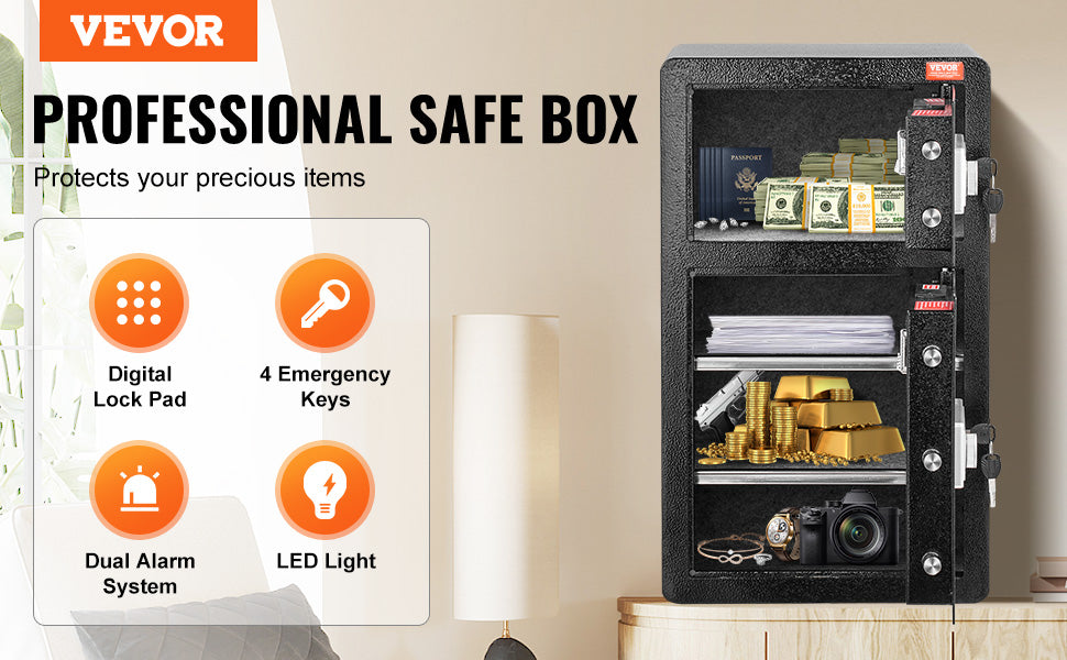 A black professional safe box is shown with various security features like a digital lock pad, emergency keys, dual alarm sys