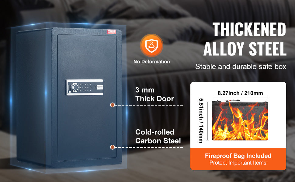 A dark gray thickened alloy steel safe box with a fingerprint scanner and a 3 mm door, featuring a fireproof bag.